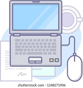 Vector technology graphics for background, banner, mockup, app, website, design, interface. Graphics element includes laptop, computer, mobile, cloud, document, mouse, people, code and keyboard.