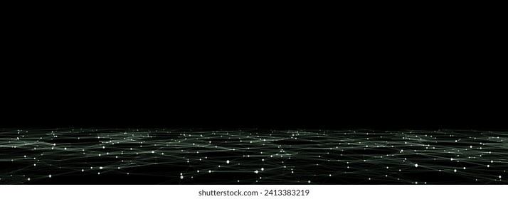 Vector technology green perspective grid in infinity. Abstract digital wireframe floor with lines. Dark wave in digital background. Flooring illustration. Analysis a network connection.
