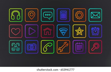 Vector technology icons and signs in neon style on a dark
