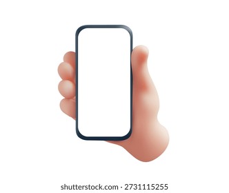 Ilustración de tecnología de Vector de teléfono inteligente en la mano. Diseño de Plantilla de estilo de dibujos animados 3D del teléfono de mano del hombre. Electrónica smartphone gadget. Dispositivo móvil con la pantalla en blanco para el Anuncio del Web, cartel