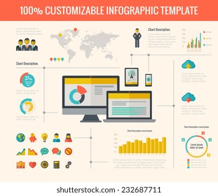 Infografik der Vektortechnik. Infografische Vorlage für Technologiepräsentationsdesign. Infografik enthält Vektorelemente: Diagramme, Diagramme, Balken, Technologie-Icon-Paket, Infografik-Karte