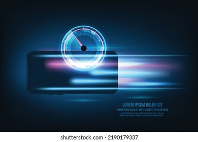Vector technology internet high speed test smartphone interface template. Mobile internet booster screen on blue background.