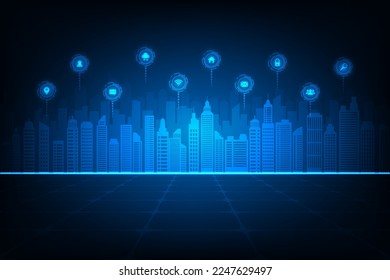 Vector technology internet of things smart city online network concept. Abstract blue background.