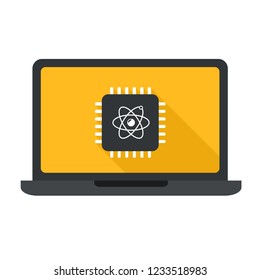 Vector technology laptop icon. Black Computer illustration in flat style. On the laptop screen quantum processor.