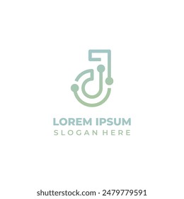 Vector technology logo with initial letter j, lineart style, pastel blue gradient to mint. Letter j icon