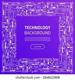 Vector technology microcircuit background. Frame with abstract electronic circuits with lines and dots, computer microchips or processor pattern. Software and hardware development elements design 