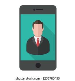 Vector technology mobile business phone icon. Smartphone illustration in flat style. On the screen phone avatar office manager in a jacket.