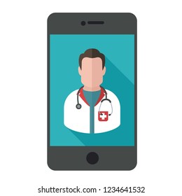 Vector technology mobile doctor phone icon. Smartphone illustration in flat style. On the phone screen is a doctor in uniform.