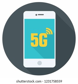 Vector technology mobile phone icon. White Smartphone illustration in flat style. On the screen text: 5G