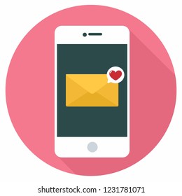 Vector technology mobile phone icon. Smartphone illustration in flat style. On the screen is an yellow envelope with a heart love message.