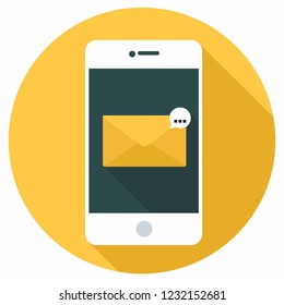 Vector technology mobile phone icon. White Smartphone illustration in flat style. On the screen is a yellow envelope with a message.