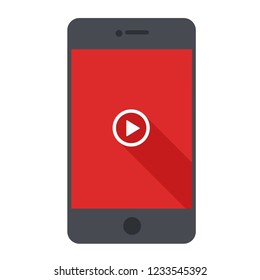 Vector technology mobile phone icon. Black Smartphone illustration in flat style. On the screen video  start button.