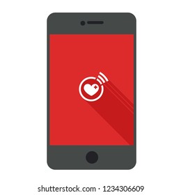 Vector technology mobile phone icon. Smartphone illustration in flat style. On the screen is a medical app icon in the form of a heart with a cross.