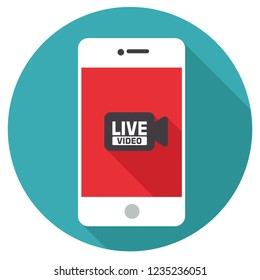 Vector technology mobile phone video icon. Smartphone illustration in flat style. On the phone screen, a video icon with the text: Live Video.