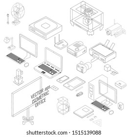 Vector Technology and Office Supplies, Isometric 3d Perspective, Silhouette Illustration Set.
Professional Business Icons, Web or Print Ready.