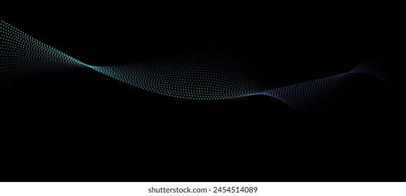 Vector of technology, science, music, modern, Flowing dot particles light wave pattern halftone blue and green gradient smooth curve shape isolated on black background. 