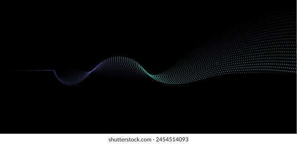 Vector of technology, science, music, modern, Flowing dot particles light wave pattern halftone blue and green gradient smooth curve shape isolated on black background. 