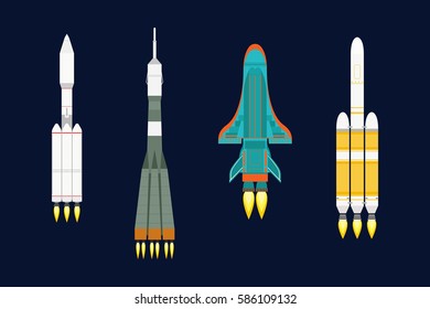 Vector technology ship rocket cartoon design for startup innovation product and cosmos fantasy space launch graphic exploration.