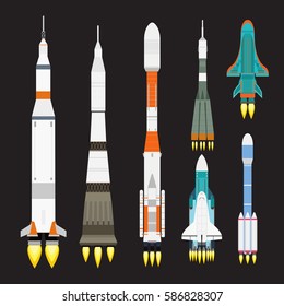 Vector technology ship rocket cartoon design for startup innovation product and cosmos fantasy space launch graphic exploration.