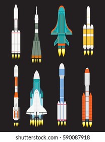 Vector technology ship rocket cartoon design for startup innovation product and cosmos fantasy space launch graphic exploration.