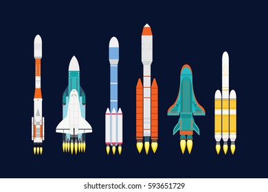 Vector technology ship rocket cartoon design for startup innovation product and cosmos fantasy space launch graphic exploration.