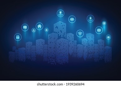 Vector technology smart city network connection concept. Abstract blue background.