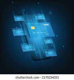Vector technology smart wallet concept. Credit bank card on mobile phone. Application for payment by credit or debit cards.