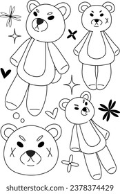 vector teddy bear with black line, isolated, on white background