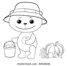Vector, teddy bear gardener with a crop of vegetables, contours