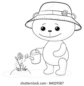 Vector, teddy bear gardener waters a bed with a flower from a watering can, contour