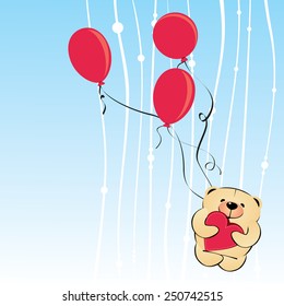 vector teddy bear with heart shaped balloons