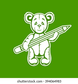Vector teddy bear Icon Art,plush toy holding a pencil, flat design.