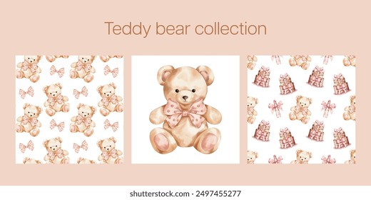 Vector teddy bear illustration collection. Set of seamless pattern design for a baby show, girly birthday party. Watercolour cute illustration.