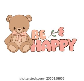 Urso de pelúcia vetor e arco rosa, desenho à mão ilustração design de impressão bonito para crianças