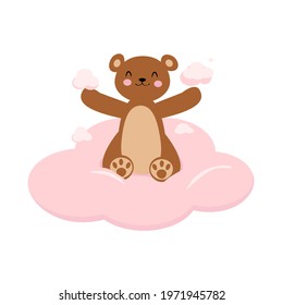 Vector teddy bear playing on the clouds.Childish character isolated on white background.