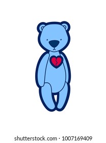 Vector teddy bear. Sad blue plush toy with broken heart. Illustration isolated on white background