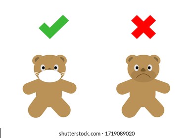 Vector - Teddy bear wear white face mask. Symbol  Check and Cross mark. Should be wear mask during Covid-19 (Coronavirus) outbreak. Protect virus, pollution (PM 2.5). New normal. Healthcare concept.
