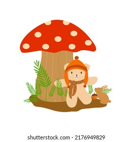 Vector - Teddy bear wearing orange hat and scarf sitting beside red mushroom, rabbit and green leaves. Can be use for postcard, card.