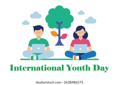 Vector of teen boy and girl sitting under a tree with laptops and books, learning and coding together. A perfect blend of education, innovation, and youth spirit for International Youth Day themes.