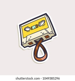 Vector teen cartoon sticker with audio cassette isolated on white. Hand drawn color illustration of retro music symbol in comics style