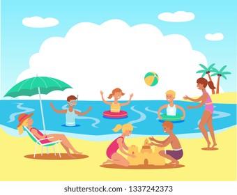 Vector teen kids having fun at beach swimming in sea with inflatable rings, playing ball, building sand castles with adult woman lying at lounger under sun umbrella. Summer family vacation concept