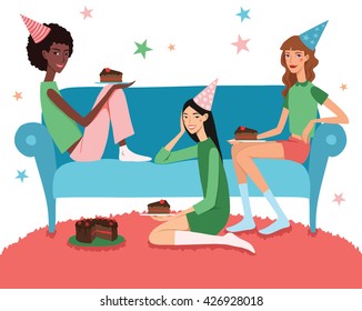 Vector Teenage Girl's Birthday Party Illustration With Three Pretty Friends Celebrating Eating Cake On Couch. Perfect For A Fun Sleepover Or Pajama Event.