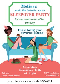 Vector Teenage Girls Birthday Party Ilvitation Card With Three Pretty Friends Celebrating Eating Cake On Couch. Perfect For A Fun Sleepover Or Pajama Event.