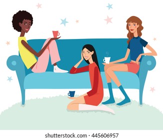 Vector Teenage Girls Tea Party Illustration With Three Pretty Friends Celebrating. Perfect for a fun sleepover or pajama event.