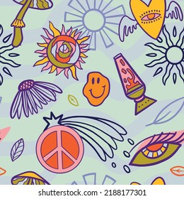 vector teenage seamless 70s retro floral pattern hippie style for textile design, fabric or wallpaper