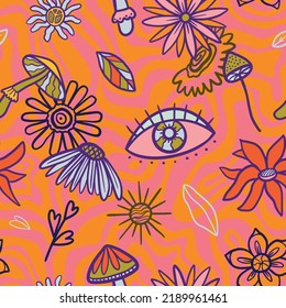 vector teenage seamless 70s retro floral pattern hippie style for textile design, fabric or wallpaper