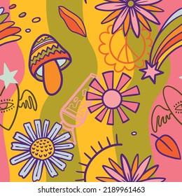 vector teenage seamless 70s retro floral pattern hippie style for textile design, fabric or wallpaper