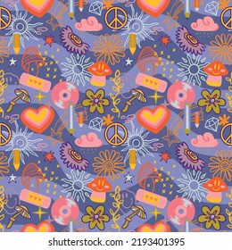 vector teenage seamless 70s retro pattern hippie style for textile design, fabric or wallpaper