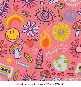 vector teenage seamless 70s retro pattern hippie style for textile design, fabric or wallpaper
