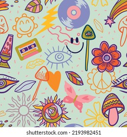 vector teenage seamless 70s retro pattern hippie style for textile design, fabric or wallpaper